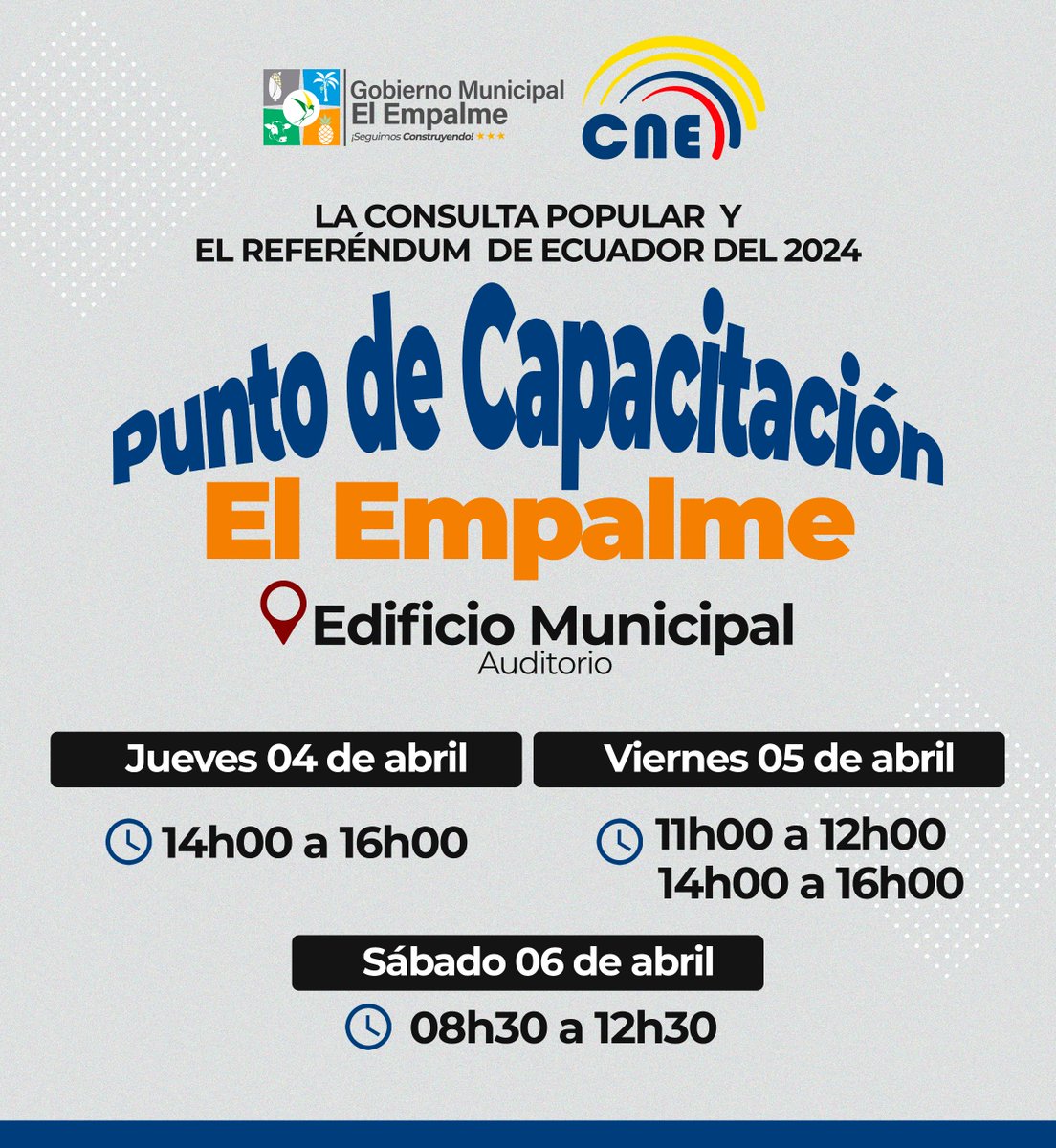 Junta Electoral El Empalme recuerda horarios de capacitación para el referéndum 2024